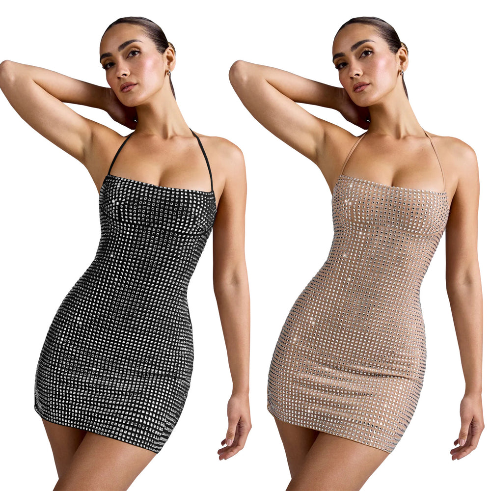 C7481 cross-border   fashion women's sexy halter neck rhinestone arm cover mini dress