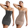 C7481 cross-border   fashion women's sexy halter neck rhinestone arm cover mini dress
