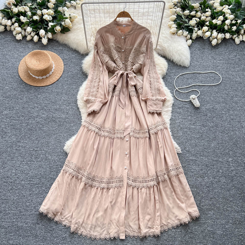 Vintage court style lantern sleeve dress - women's summer hollow-out crochet single-breasted elegant mature lady long dress
