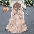 Vintage court style lantern sleeve dress - women's summer hollow-out crochet single-breasted elegant mature lady long dress