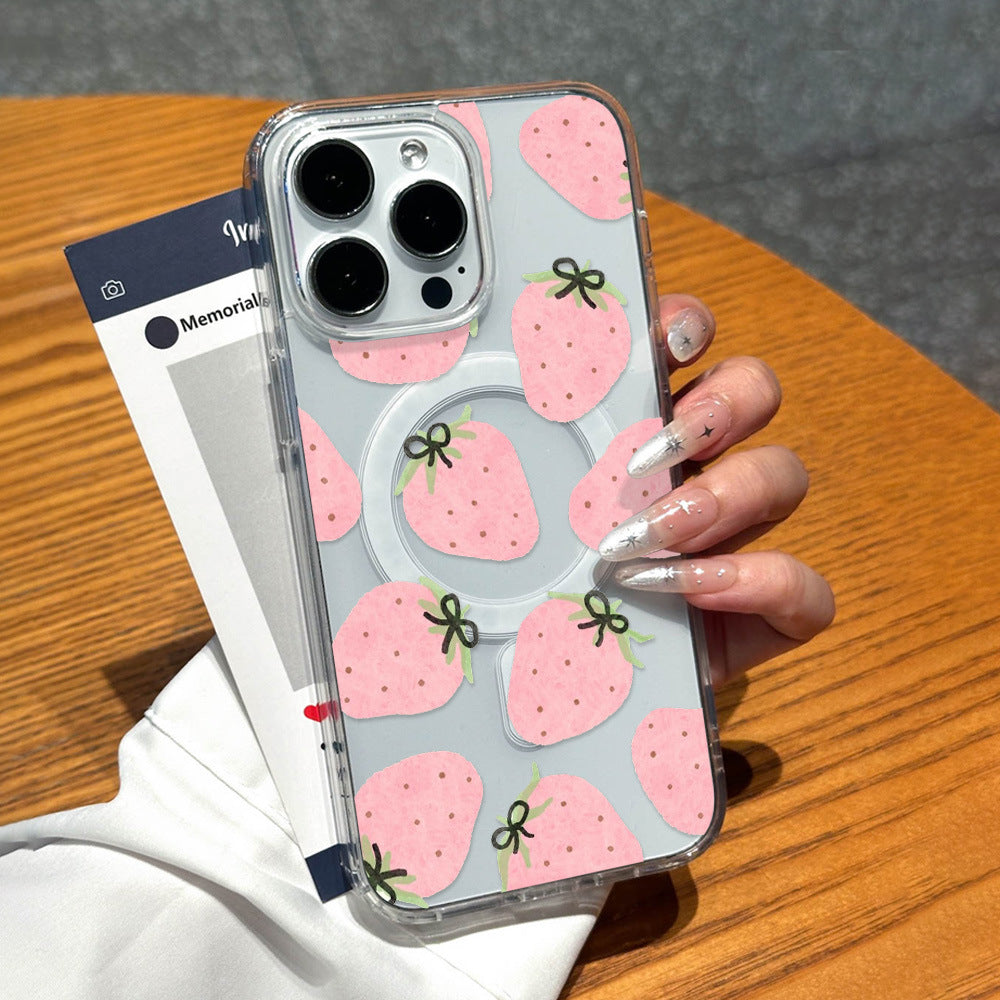 All-over strawberry bow iphone 17 case, high-clarity apple 16 magnetic shockproof transparent soft case for iphone 15