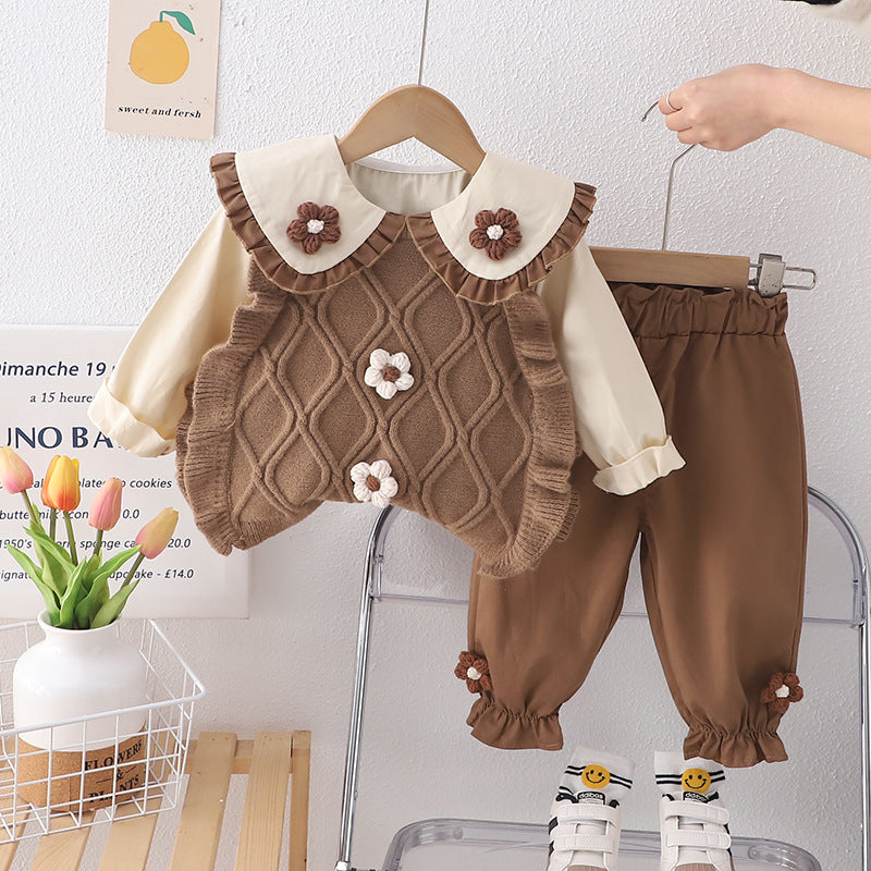 Girls' spring korean style long-sleeve outfit: sweet, three-piece set with 3d floral sweater vest for baby girls
