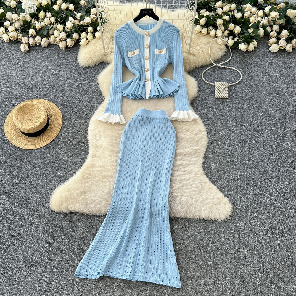 Xiaoxiangfengtwo-piece setfemaleautumfrenchcontrast colormetal bucklelong sleevesruffle hemknitting shirt skirt