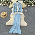 Xiaoxiangfengtwo-piece setfemaleautumfrenchcontrast colormetal bucklelong sleevesruffle hemknitting shirt skirt