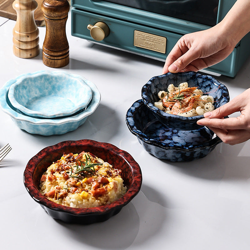 Japanese-style creative fruit & vegetable dessert salad bowl - microwave safe rice bowl - solid color ceramic with lace trim