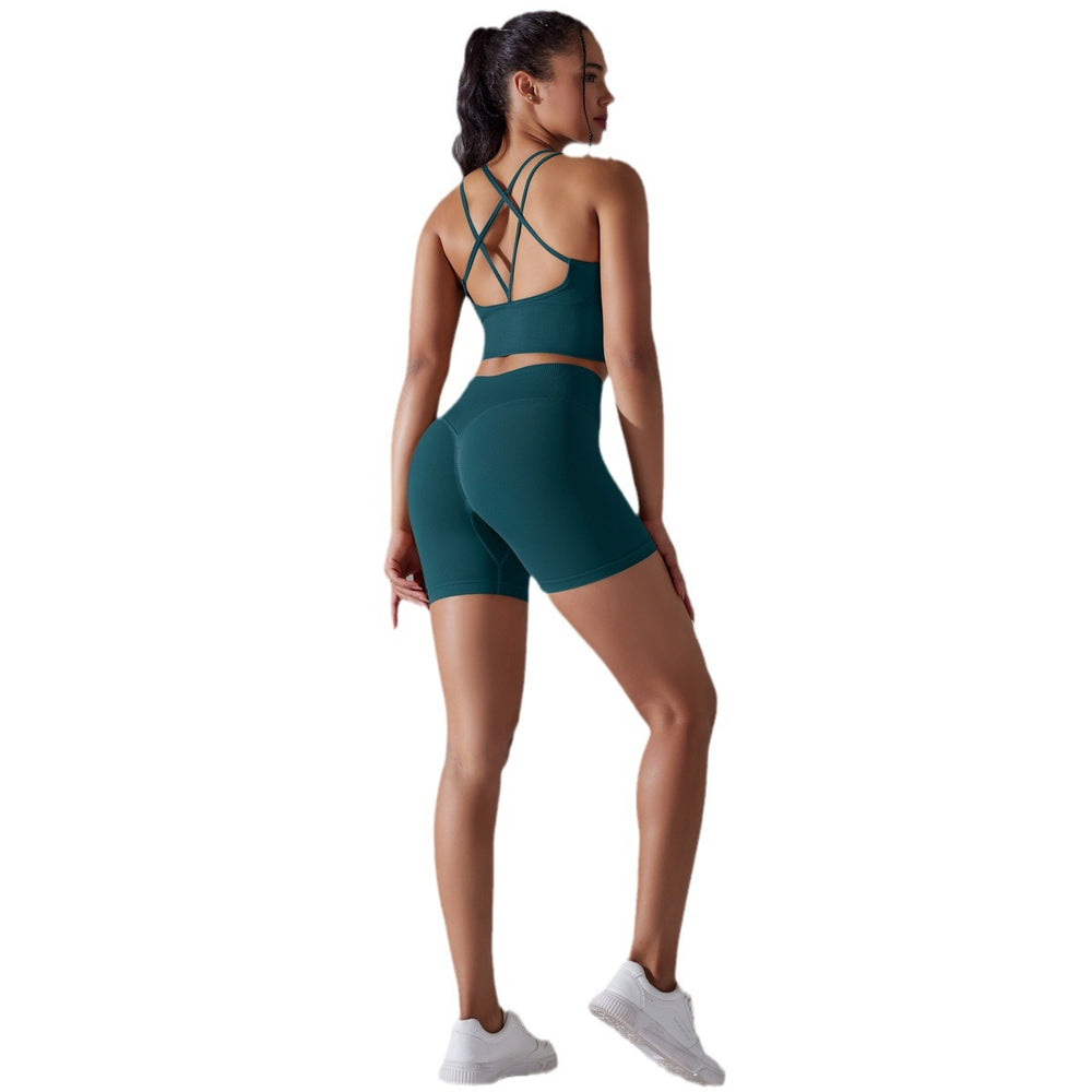 fashion seamless knitting pure color beautiful back high elastic sports tight yoga suit running fitness two-piece set