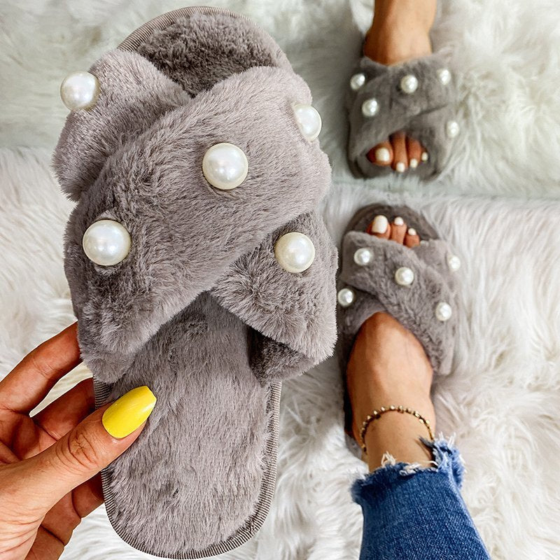 Plush slippers women 2024fall and winter cross home pearl decoration sewing thread plush slippers women
