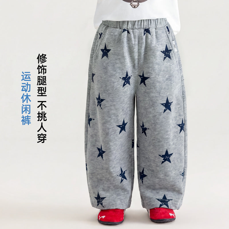 American retro star print letter print sweatpants - girls' loose fit casual wide leg street dance versatile lounge pants
