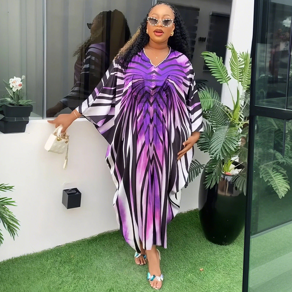 Temu cross-border e-commerce  fashion style fashion gradient stripes african women's large size adjustable waist dress