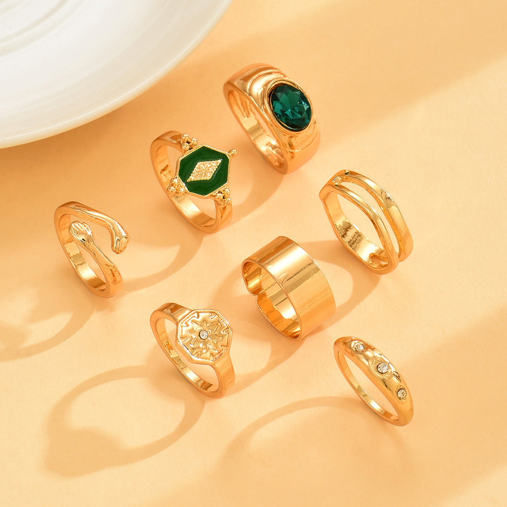 European and american cross-border retro green diamond ring set - trendy, instagrammable, light luxury, high-end rhombus and eight-pointed star rings