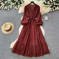 French chic lantern sleeve crochet embroidered dress - women's summer korean style tie-waist a-line maxi dress
