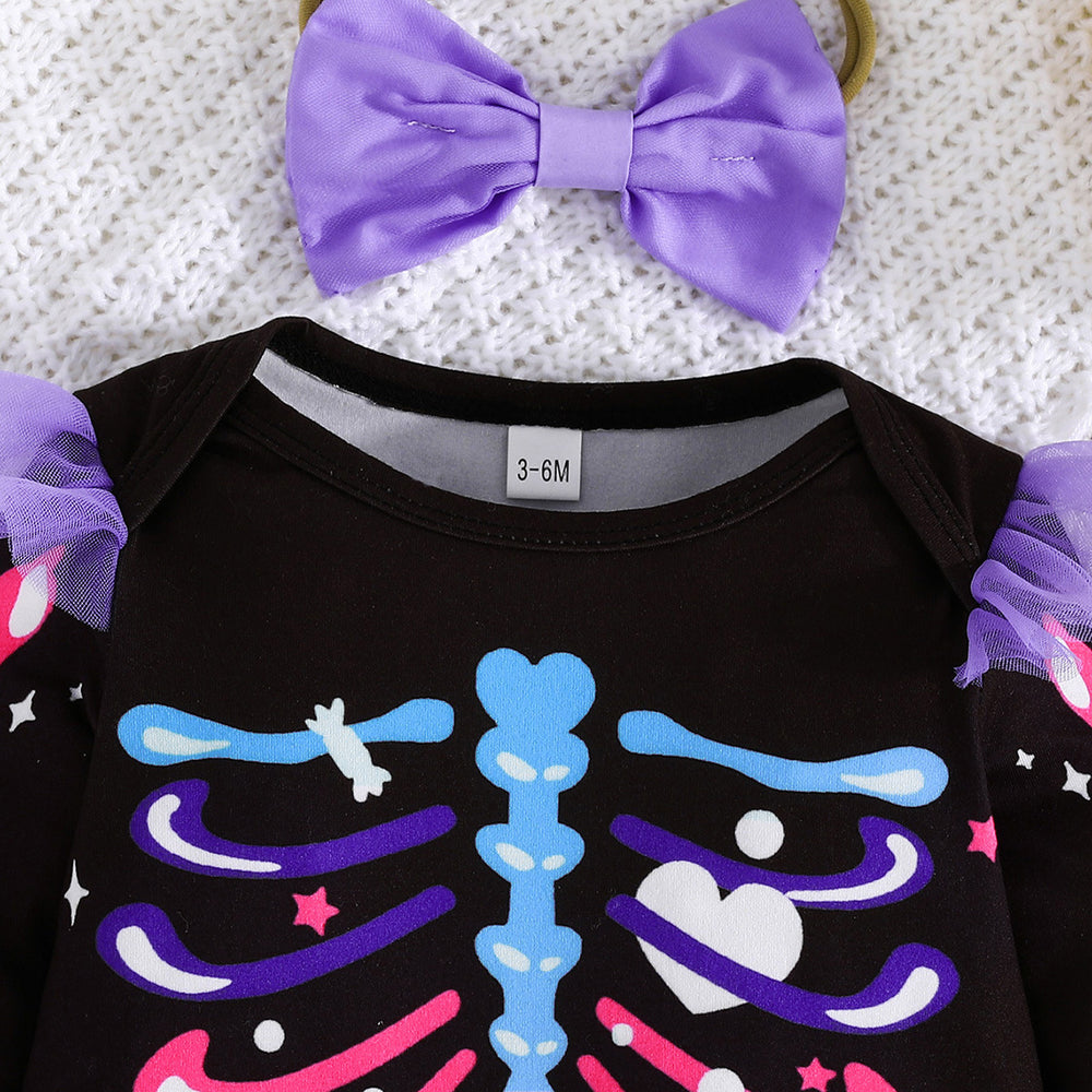 halloween girls' skeleton romper & skirt set - girls' long-sleeve mesh party outfit
