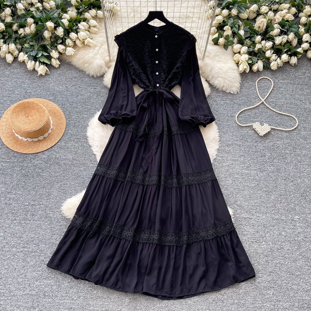 French retro court style lace hollow-out maxi dress - stand collar, summer korean style, long sleeve, cinched waist a-line dress for women