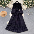 French retro court style lace hollow-out maxi dress - stand collar, summer korean style, long sleeve, cinched waist a-line dress for women