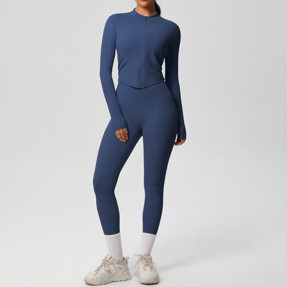 Ready-to-ship cross-border solid color double-sided brushed naked feel outerwear long sleeve set - compression running, fitness, and yoga two-piece outfit
