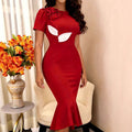 new arrival slimming high-waisted short-sleeve dress - solid color crew neck red 3d floral mermaid dress