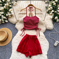 Halter stripes camisole high waistslimming look shortstwo-piece set women's summer silm tube top culottessuit