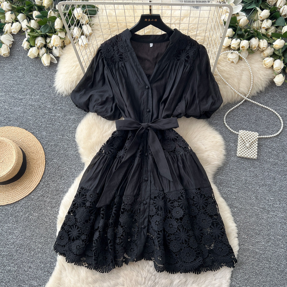 French-style heavy lace v-neck bubble sleeve dress - women's summer korean style red tie-waist slimming a-line dress
