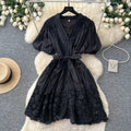 French-style heavy lace v-neck bubble sleeve dress - women's summer korean style red tie-waist slimming a-line dress
