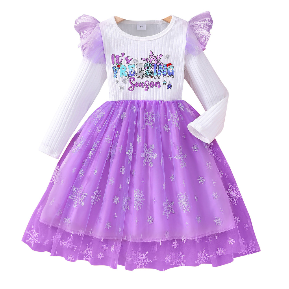 Kids' long-sleeve crewneck dress with letter print and mesh overlay