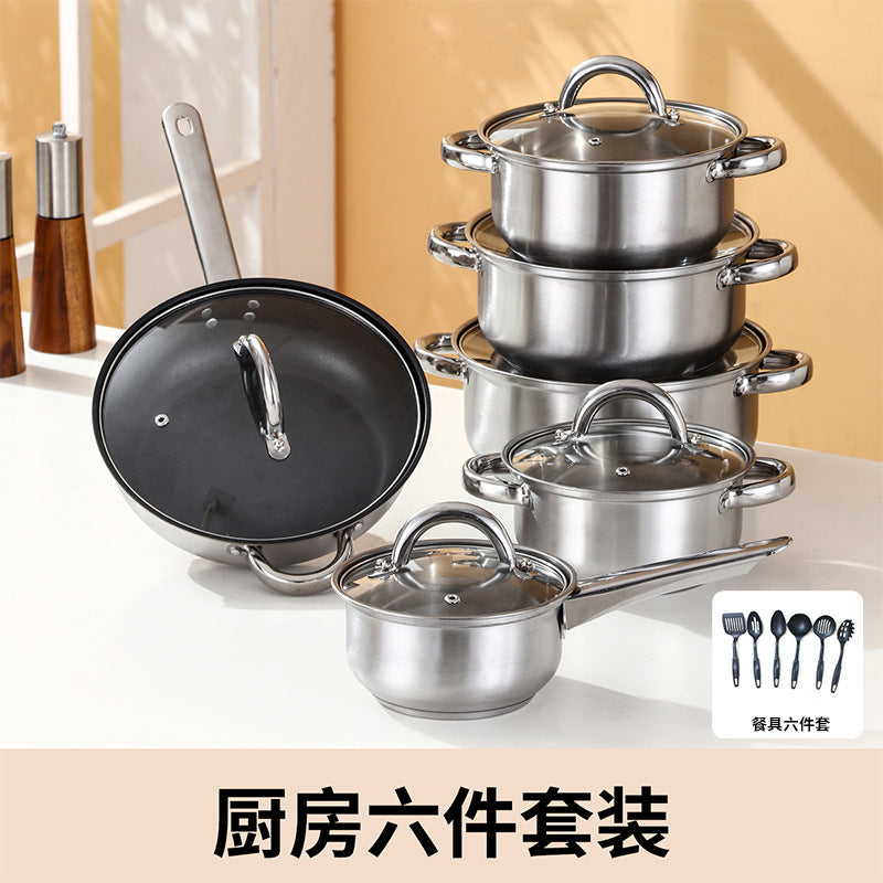 Wholesale cross-border double bottom stainless steel soup pot milk pot frying pan uncoated pot set kitchen cooking cookware set