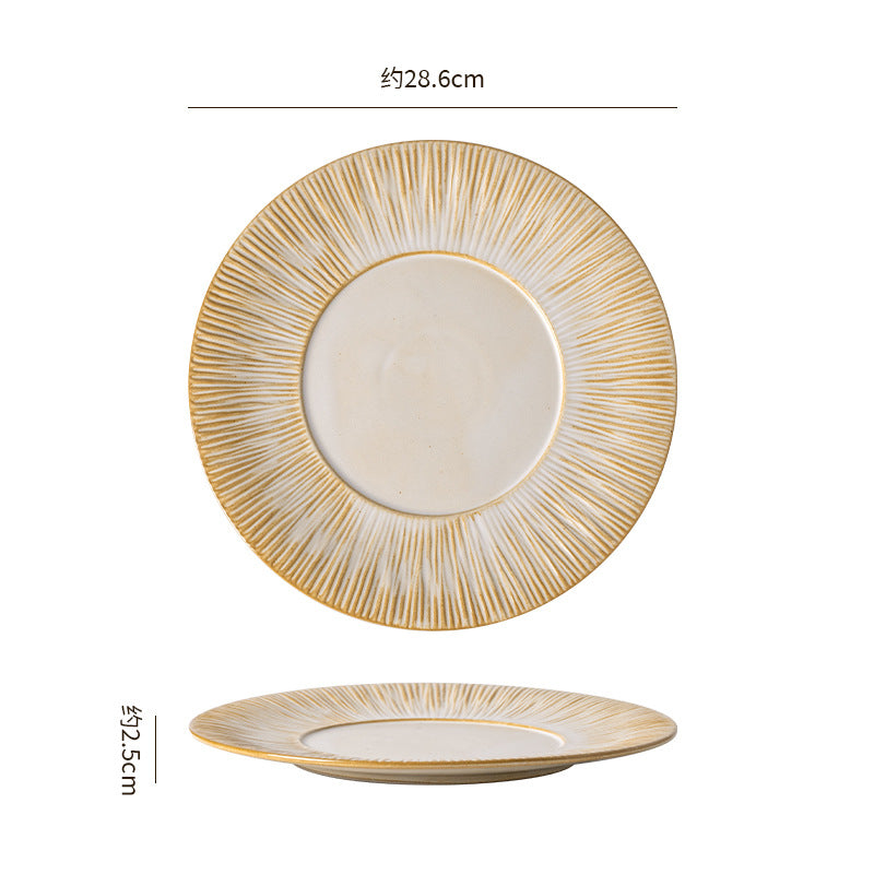 Embossed irregular ceramic steak plate - stylish, high-value, retro striped dinnerware for restaurants and hotels