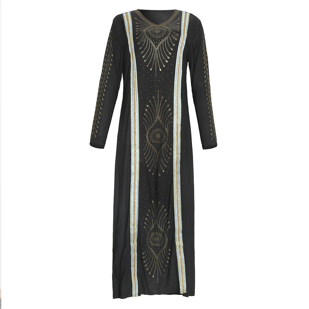 African  spring women's clothing   gold embroidery hotfix rhinestone beaded v-neck dress