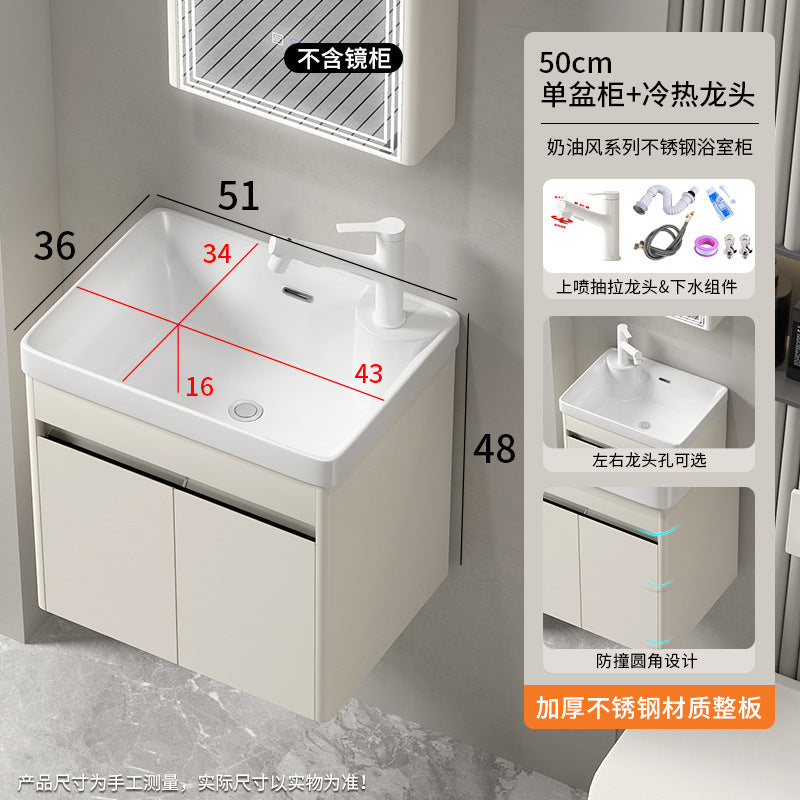 Small apartment bathroom cabinet Thickened stainless steel washstand Integrated cabinet Storage mirror Washstand Deepened ceramic integrated basin