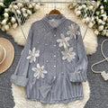 European and american style striped long-sleeve shirt for women - summer, 3d floral appliqué, diamond embellished, loose fit, mature & chic, boss lady top