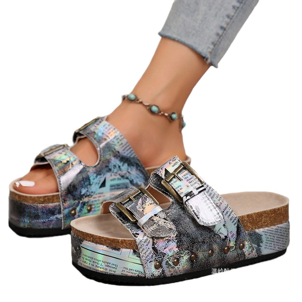 Fashionexportplus sizethick sole birkenstock rivet flip flops women's cross-border outwear metal buckle platform sole sandals