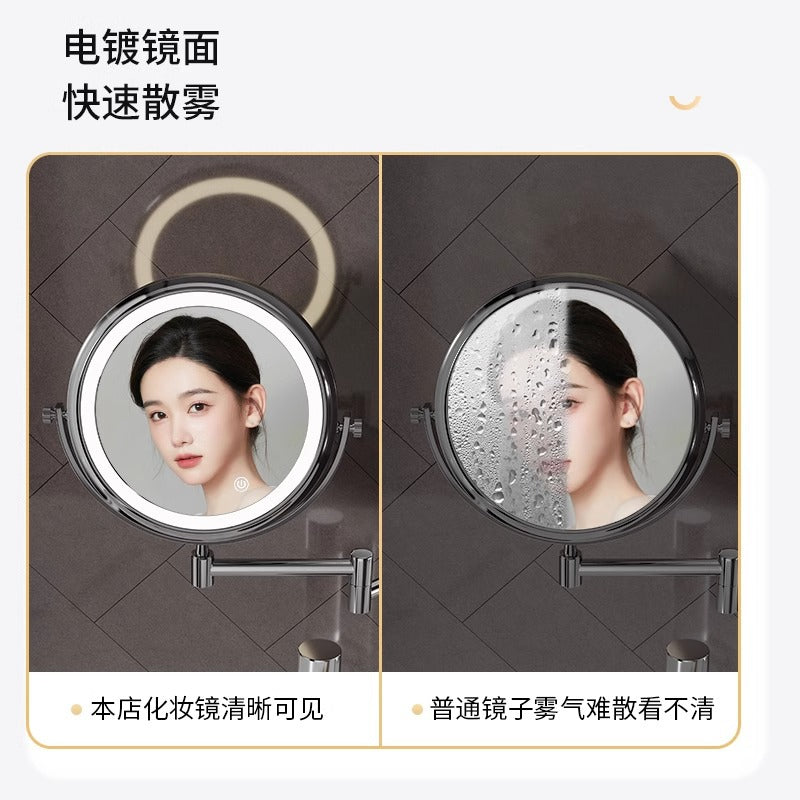 Perforated magnifying glass bathroom with light makeup mirror high definition led free foldable dressing mirror wall hanging telescopic bathroom