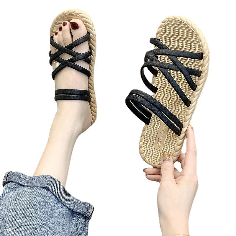 Women's slippers for outdoor wear, 2024 summer new korean style, trendy roman fairy flat sandals, student-style one-strap slides
