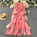 French court style dress - women's autumn  - high-end fashion, tie-waist, lantern sleeves, single-breasted long dress