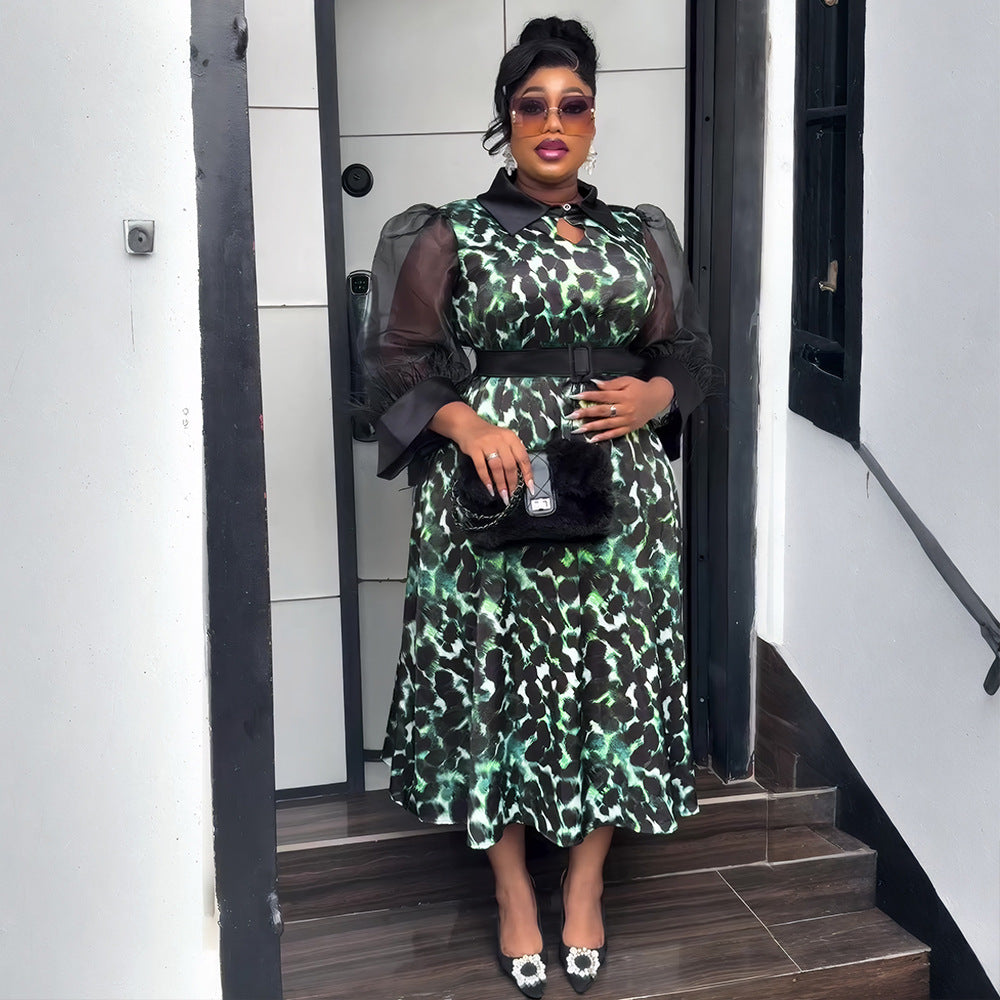 new arrival  african women's plus size cross-border trade three-quarter sleeve black feather lapel printed dress