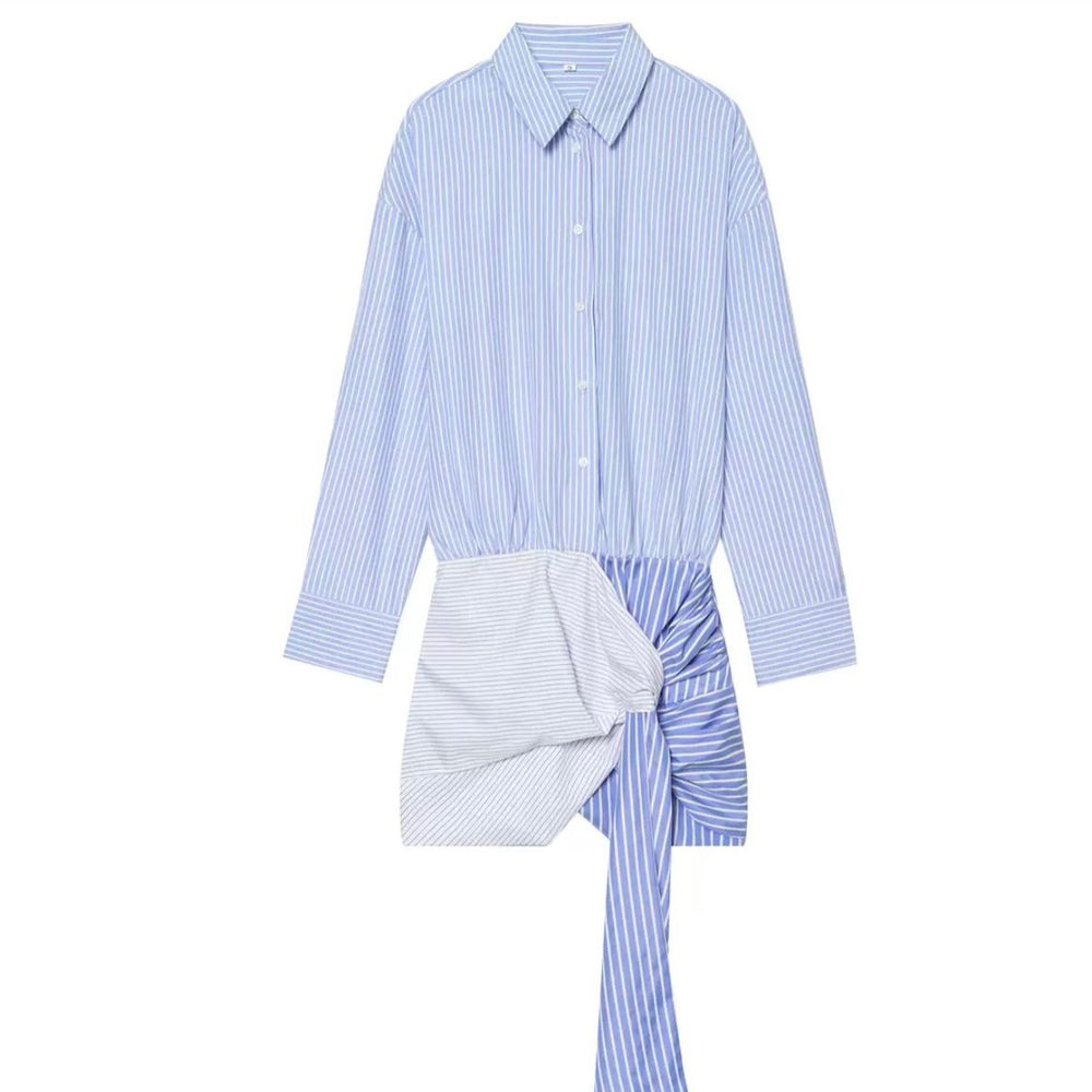 European and american cross-border women's fashion:  summer new arrival - stylish notch collar striped irregular shirt dress