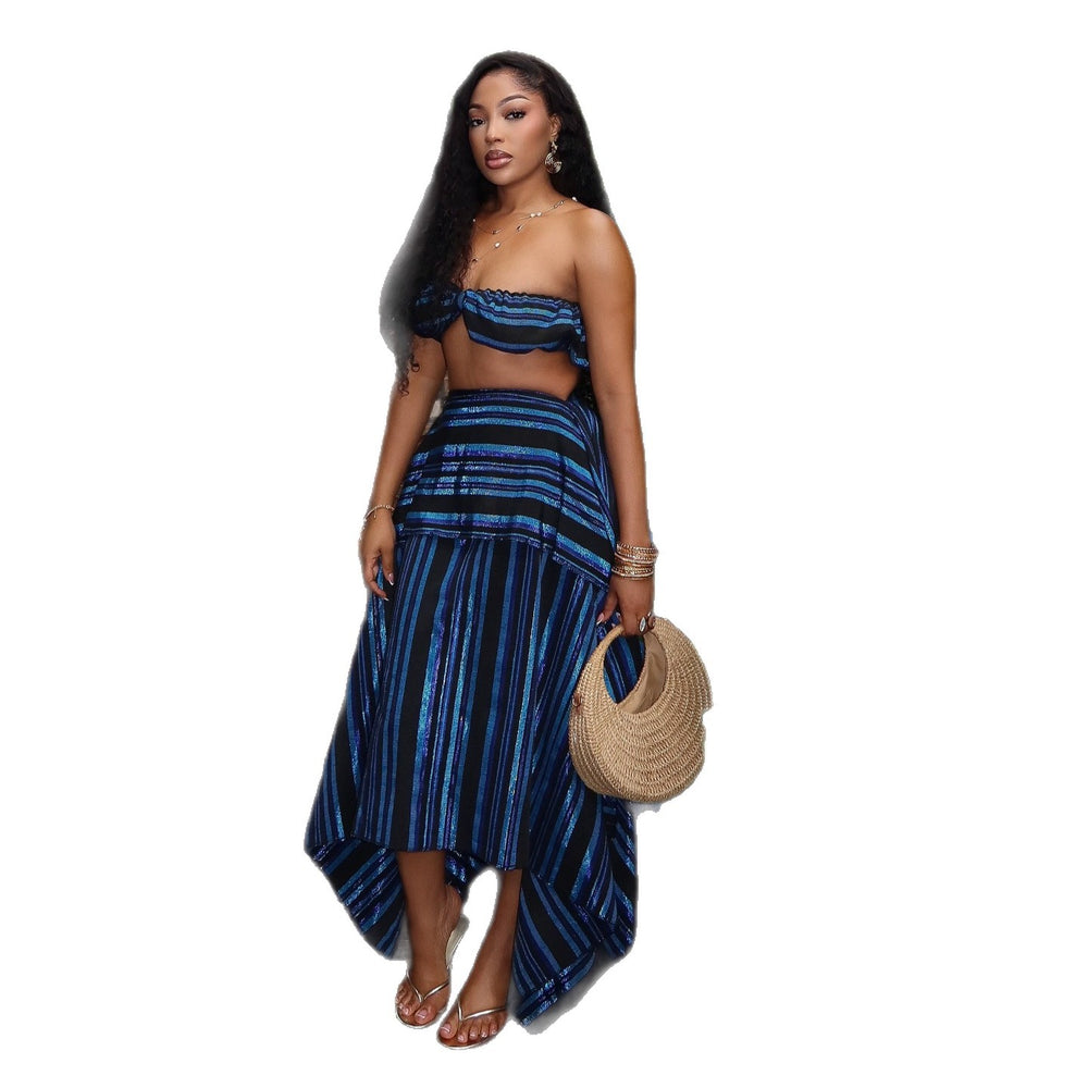 European and american cross-border women's fashion:  summer new sexy striped bandeau top and asymmetrical midi skirt fashion set