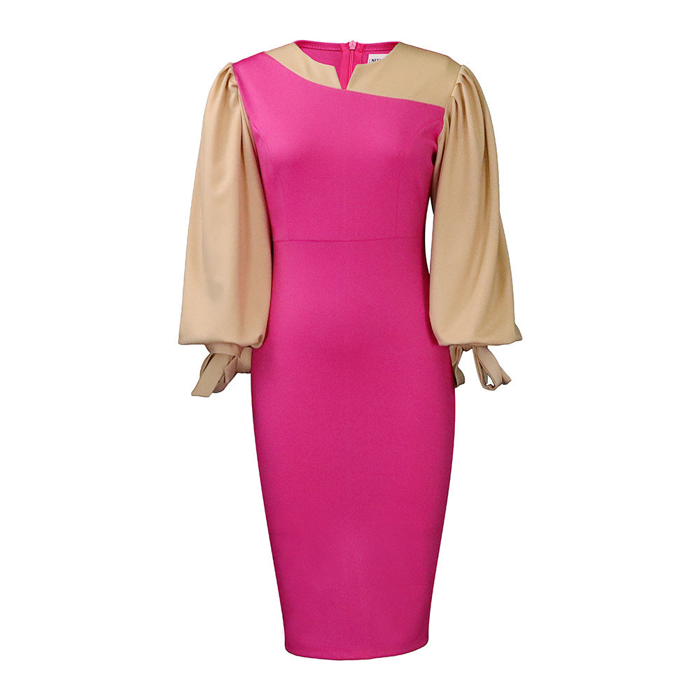 D3163 in stock  african plus size women's autumn and winter long sleeve tie-up color block elegant commute european and american style dress