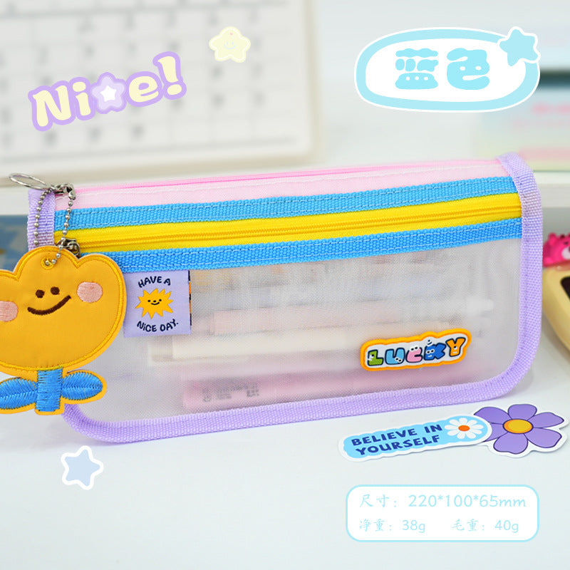 New cute fun contrasting color transparent stationery bag large capacity pencil bag high value simple primary and secondary school student stationery mesh bag