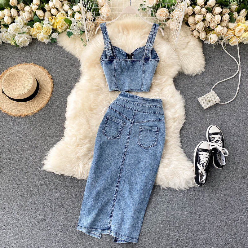 Hong kong style ins women's clothing suit2020new arrival female sexyshort camisole high waist denim skirt trendy