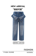 new arrivalgirljeansfake two-piece foldable waist design distressed washed blue kidsstraight-leg pants