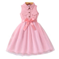 Girls' (sizes) solid color sleeveless turn-down collar mesh dress with woven belt