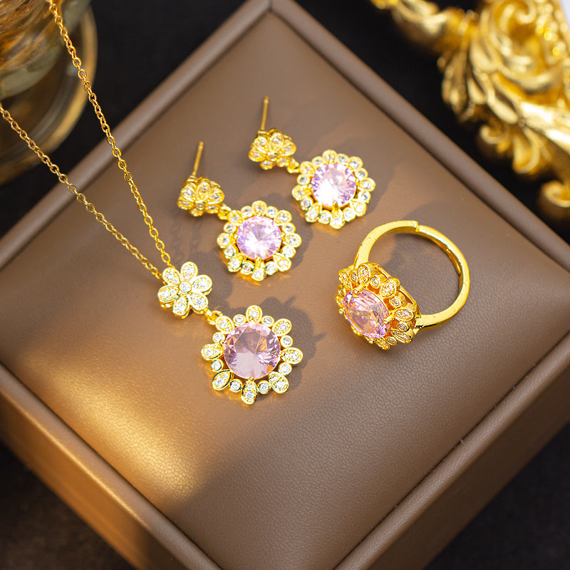 [titanium steel] necklace women's zircon flower pendant earrings ring light luxury classy niche design earrings jewelry