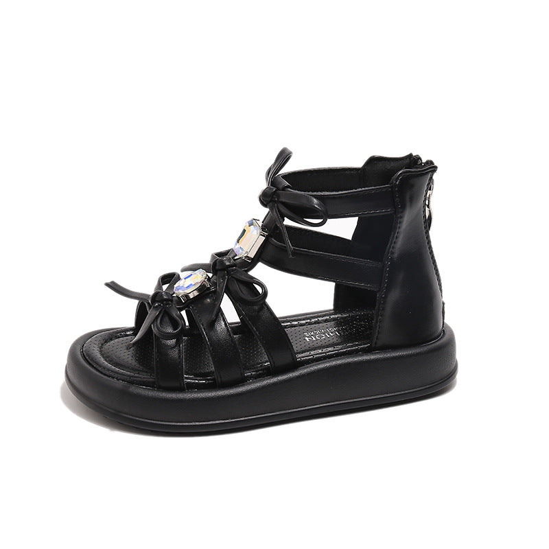 Children's Roman sandals 2025 summer new Korean version girls rhinestone bow princess shoes soft-soled beach shoes
