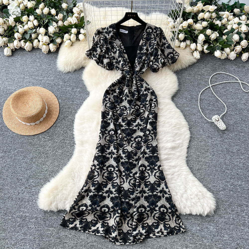 French romantic print bubble sleeve dress - women's summer mesh panel slim fit mermaid maxi dress
