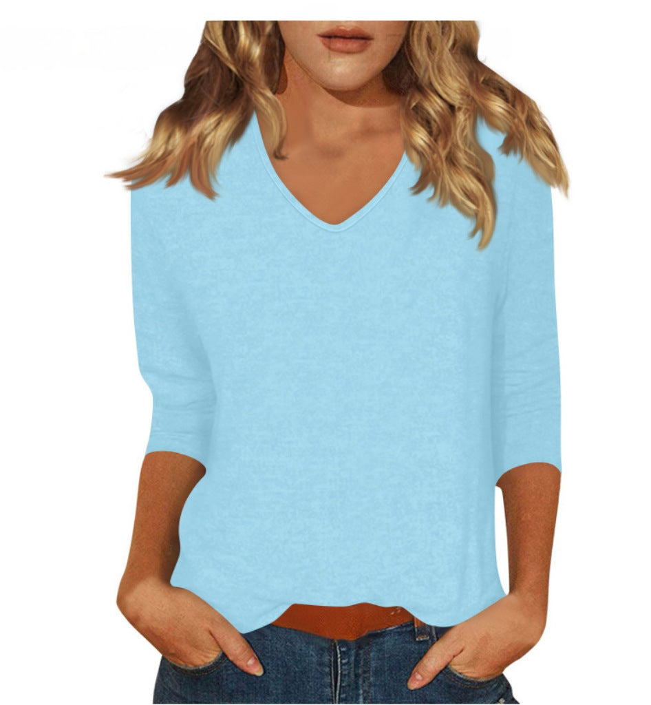 cross-border  women's everyday versatile casual v-neck solid color three-quarter sleeve t-shirt top