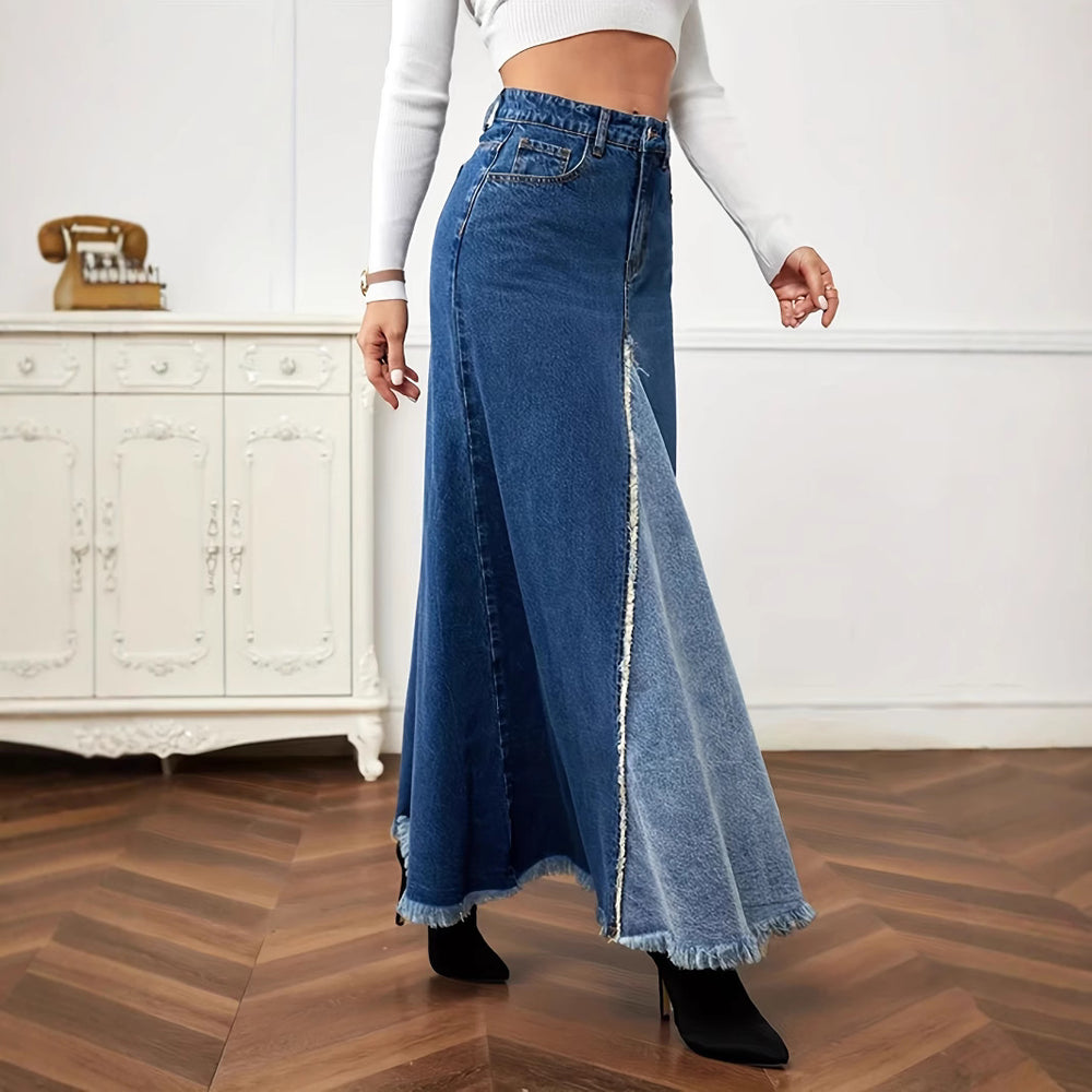 European and american patchwork midi skirt  new arrival - hot selling export raw hem denim skirt - washed slit denim midi skirt