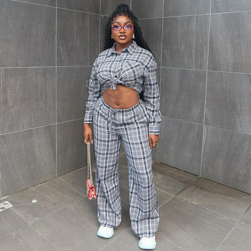 European and american women's clothing  autumn new collection: sweet and fresh plaid turn-down collar long-sleeve shirt and high-waisted straight-leg pants two-piece set