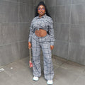 European and american women's clothing  autumn new collection: sweet and fresh plaid turn-down collar long-sleeve shirt and high-waisted straight-leg pants two-piece set