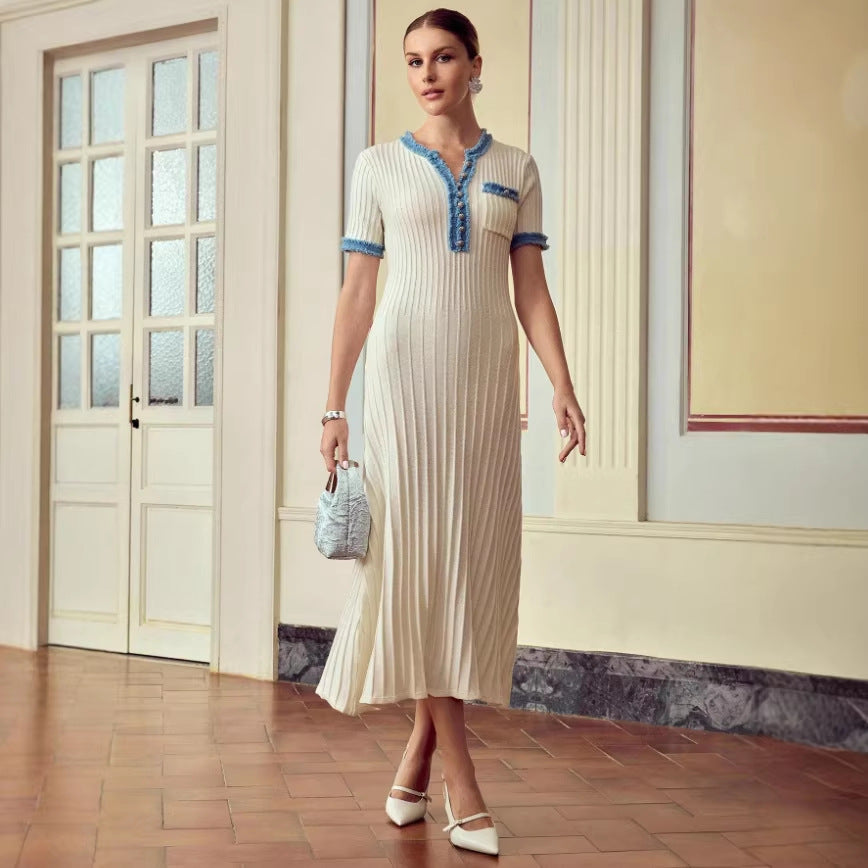 summer cross-border european and american style denim and knit patchwork single-breasted dress