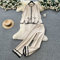 Xiaoxiangfengtwo-piece setfemalefall and winterfashioncontrast color round necklooseknittingcardigantopshigh waistloose pants